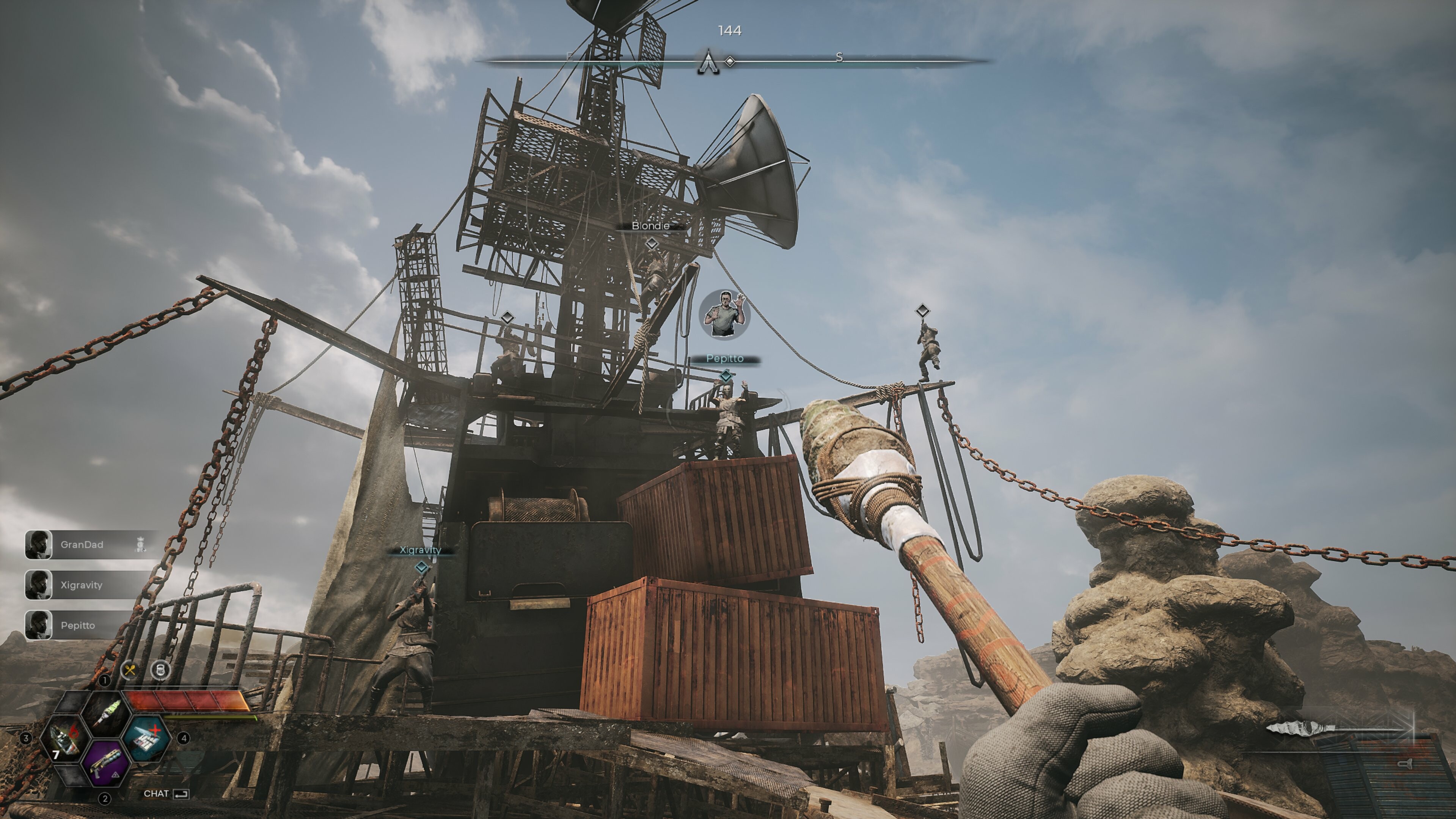 Gameplay scene from PIONER showcasing a character with a weapon near a shipwreck
