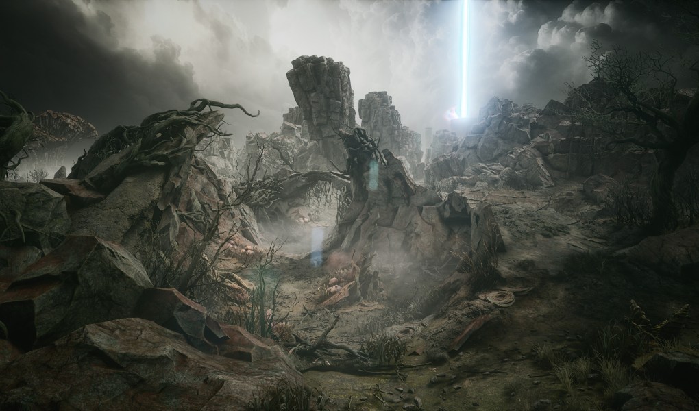 Post-apocalyptic landscape in PIONER with dramatic lighting and rocky terrain