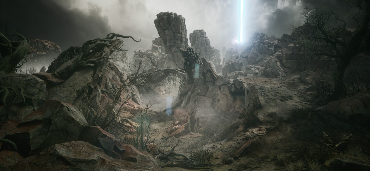 Post-apocalyptic landscape in PIONER with dramatic lighting and rocky terrain