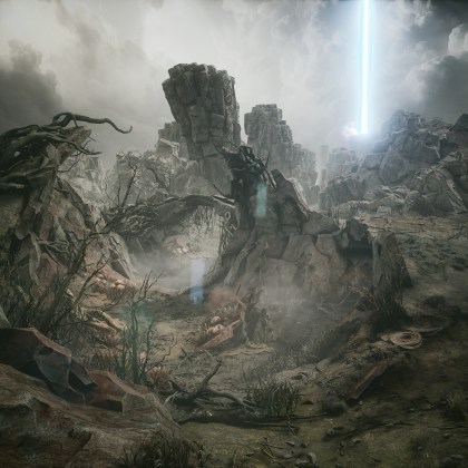 Post-apocalyptic landscape in PIONER with dramatic lighting and rocky terrain