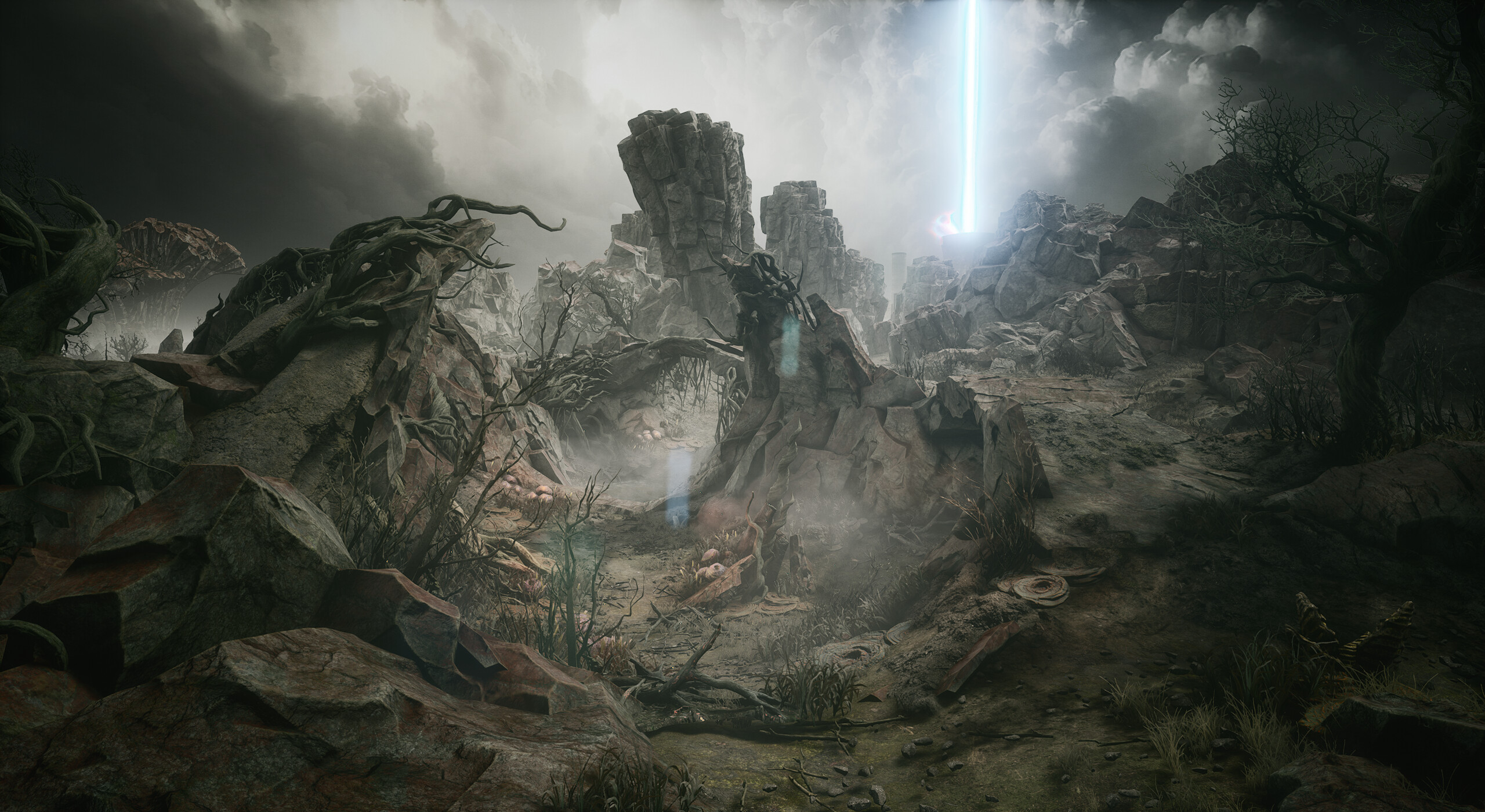 Post-apocalyptic landscape in PIONER with dramatic lighting and rocky terrain