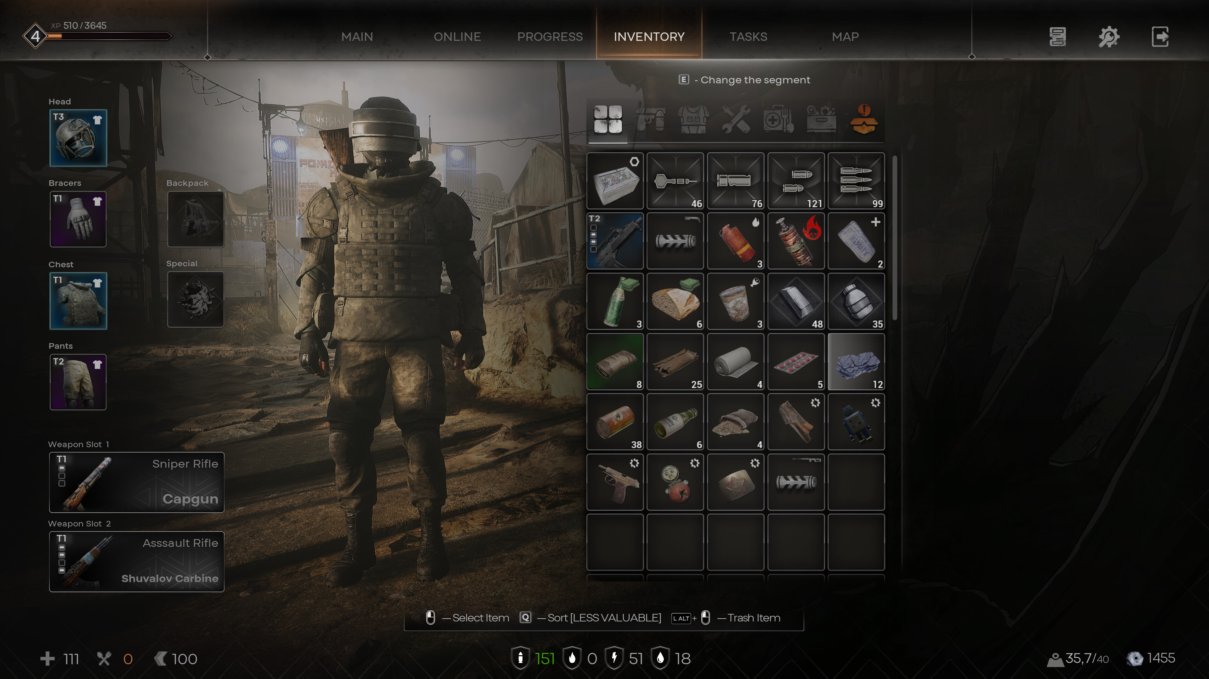 Inventory screen showcasing character and items in PIONER MMORPG