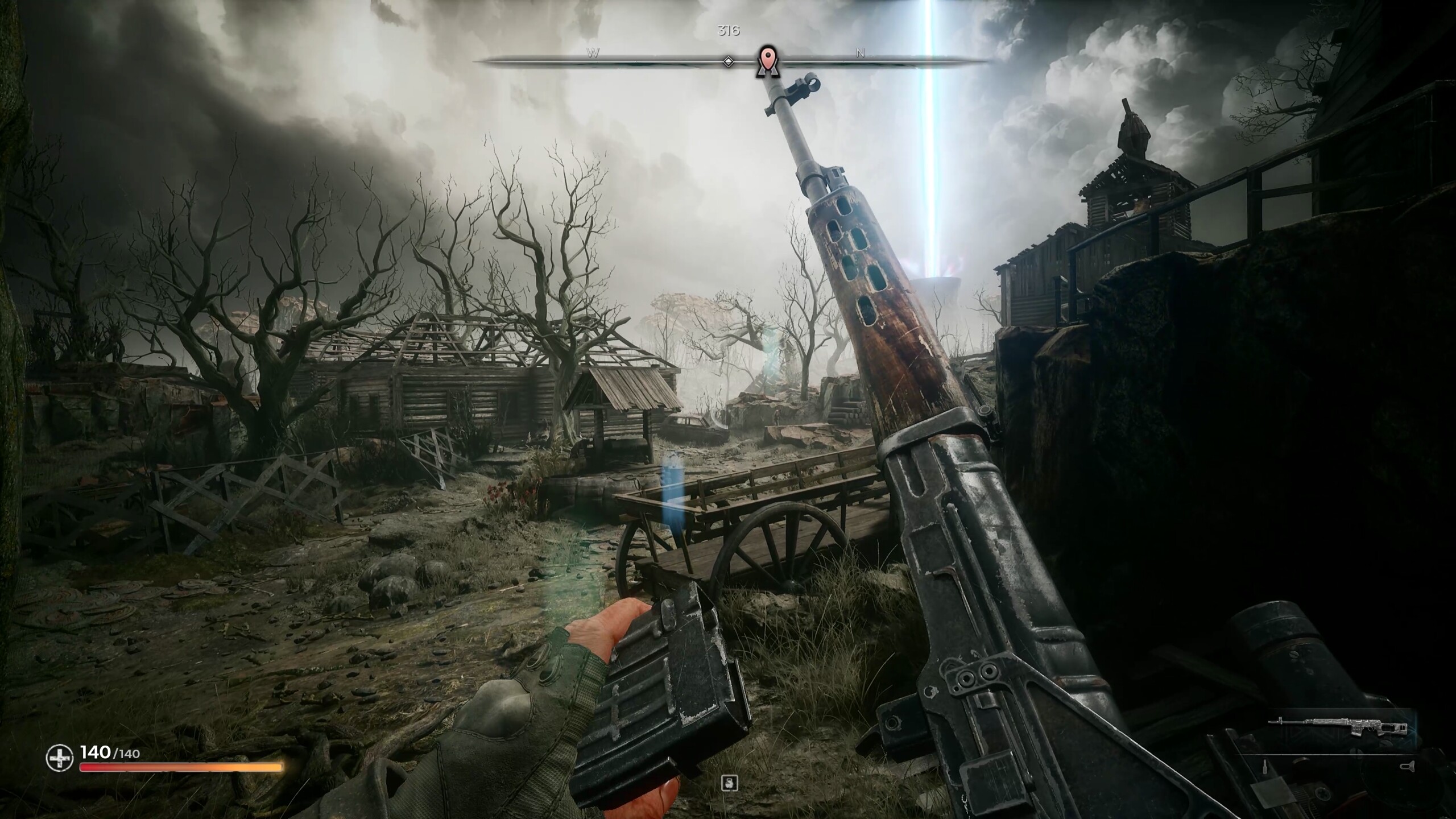 PIONER gameplay showcasing a weapon in a post-apocalyptic landscape