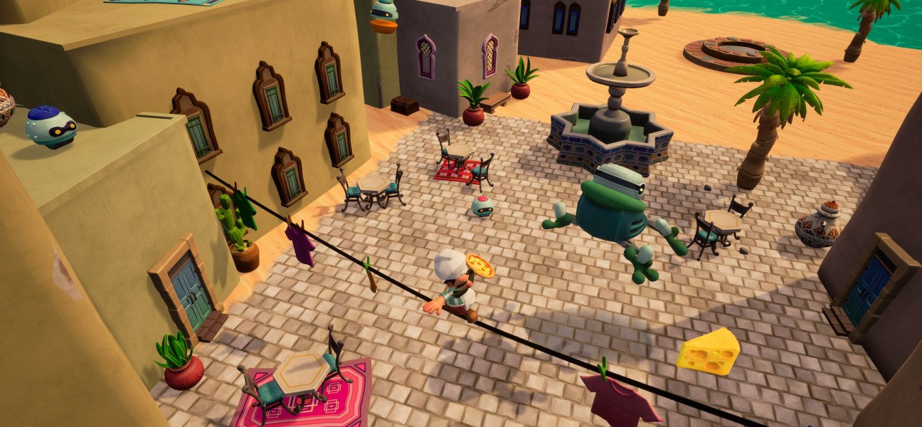 Pizzapocalypse 2 gameplay showcasing a vibrant city with a pizza chef character.