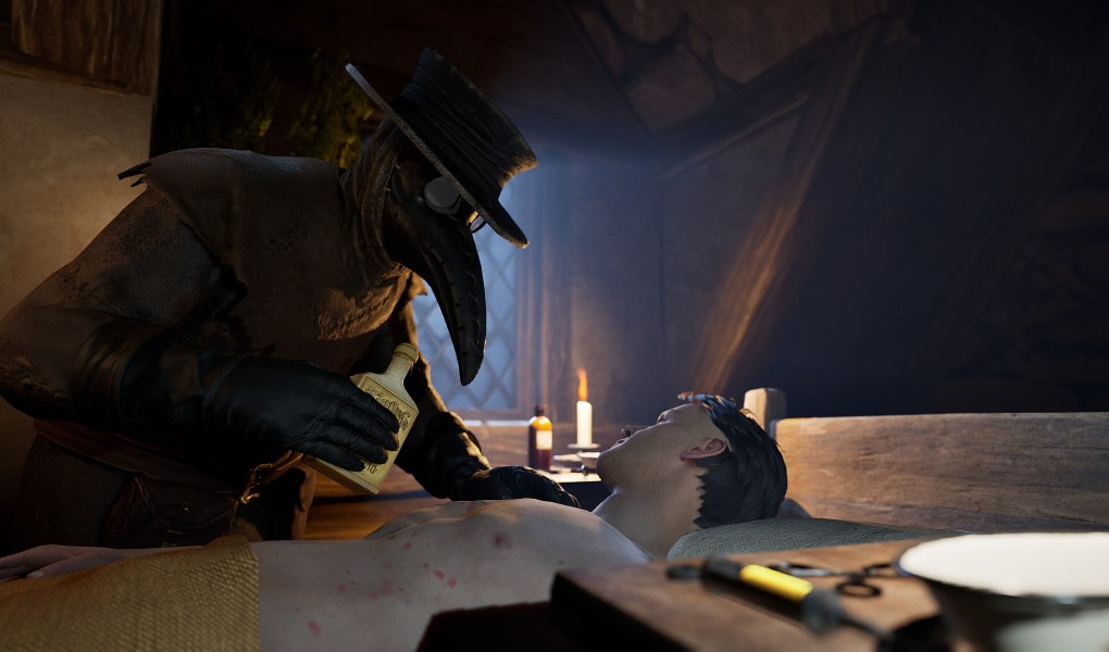 Plague doctor treating a patient in a dimly lit medieval room