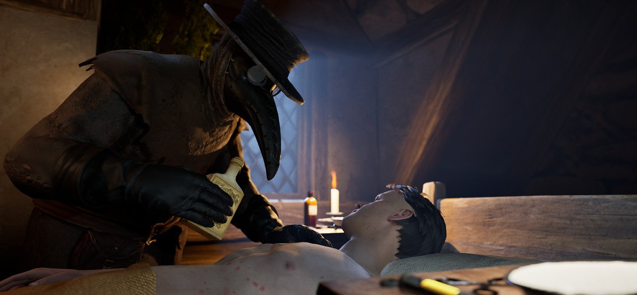 Plague doctor treating a patient in a dimly lit medieval room