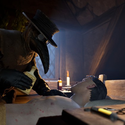 Plague doctor treating a patient in a dimly lit medieval room