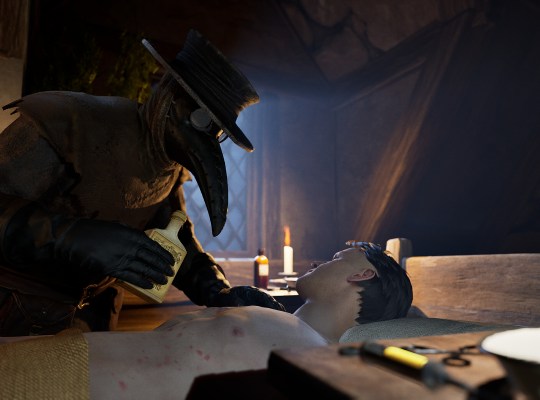 Plague doctor treating a patient in a dimly lit medieval room
