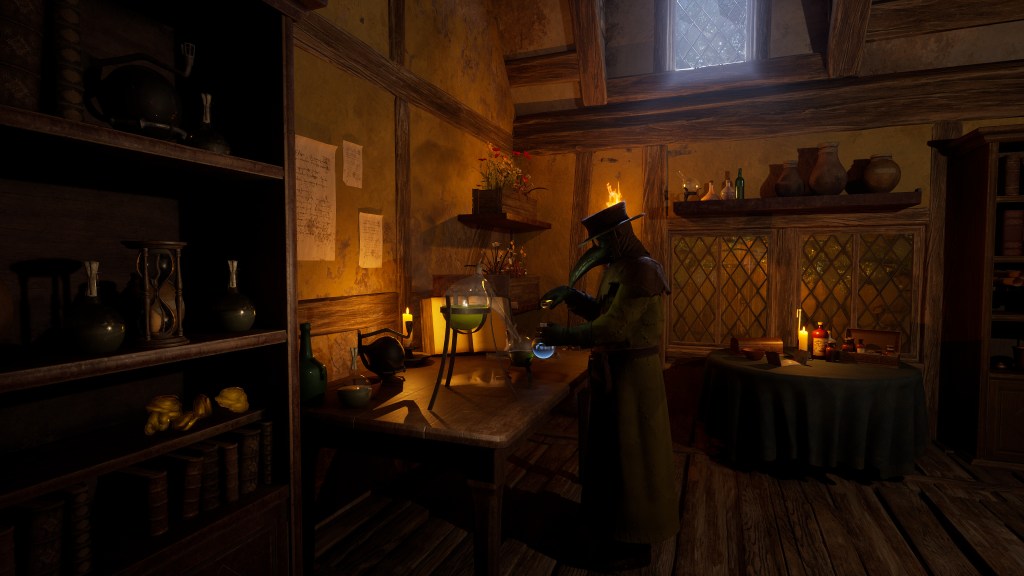 Plague doctor brewing potions in a rustic, candlelit apothecary