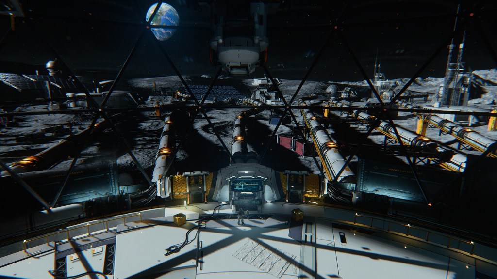 Lunar station interior with futuristic technology and a view of the moon's surface in Pragmata.