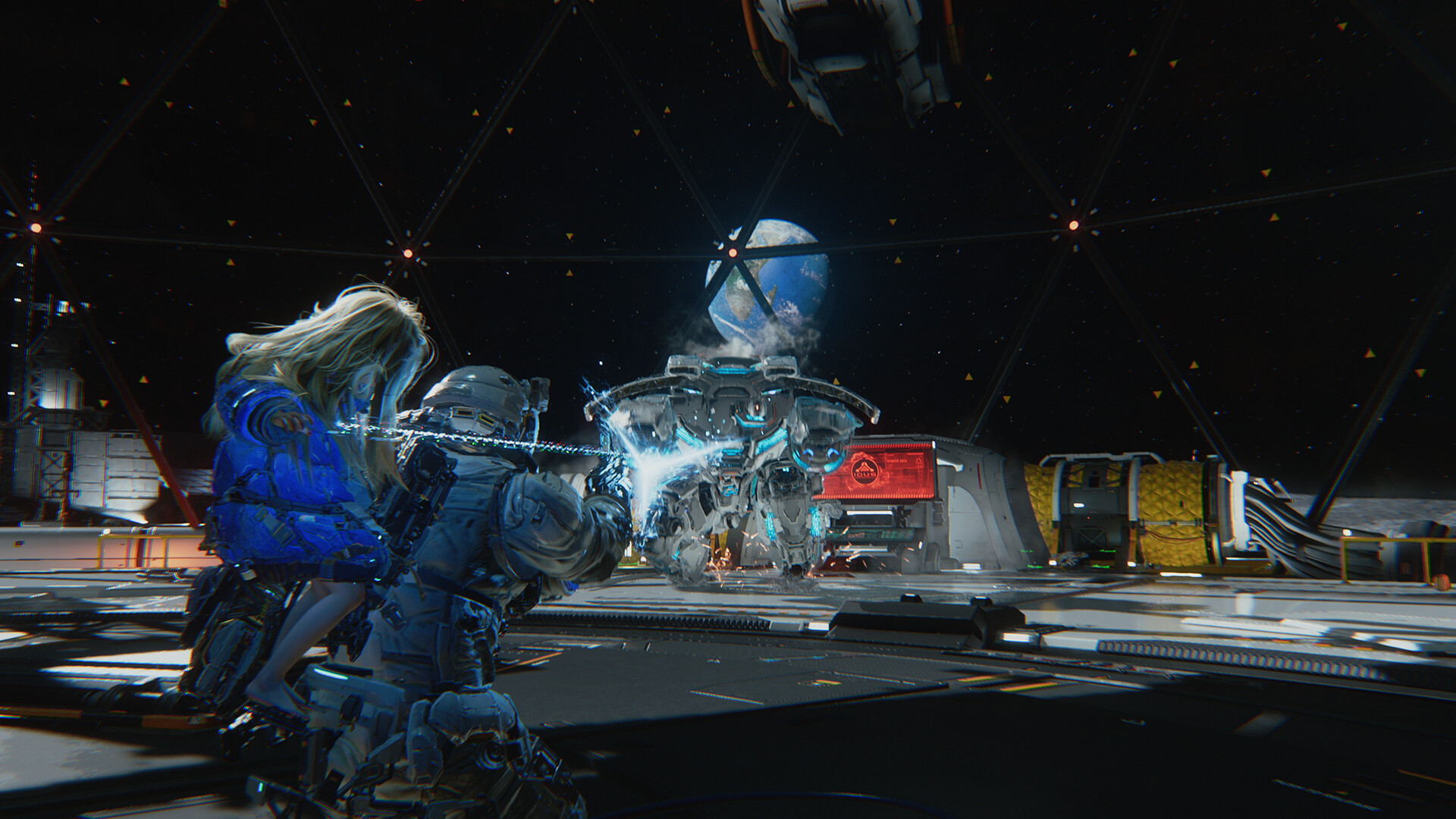 Astronaut and android in a lunar station battling hostile AI in Pragmata.