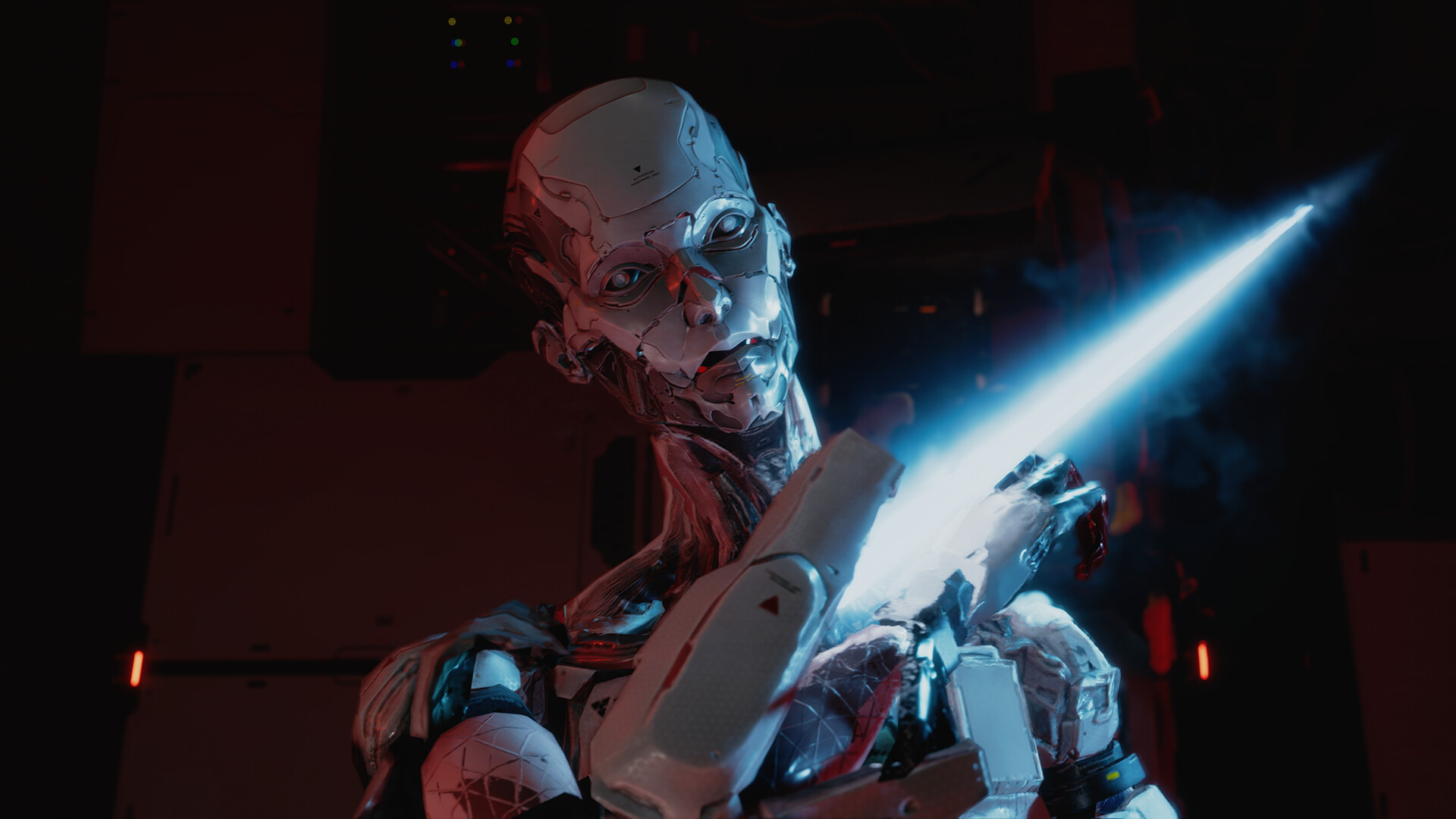 Close-up of a hostile AI robot wielding a glowing weapon in Pragmata.