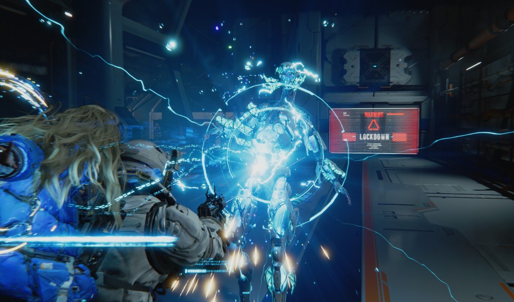 Astronaut and android battling hostile AI in Pragmata's lunar station