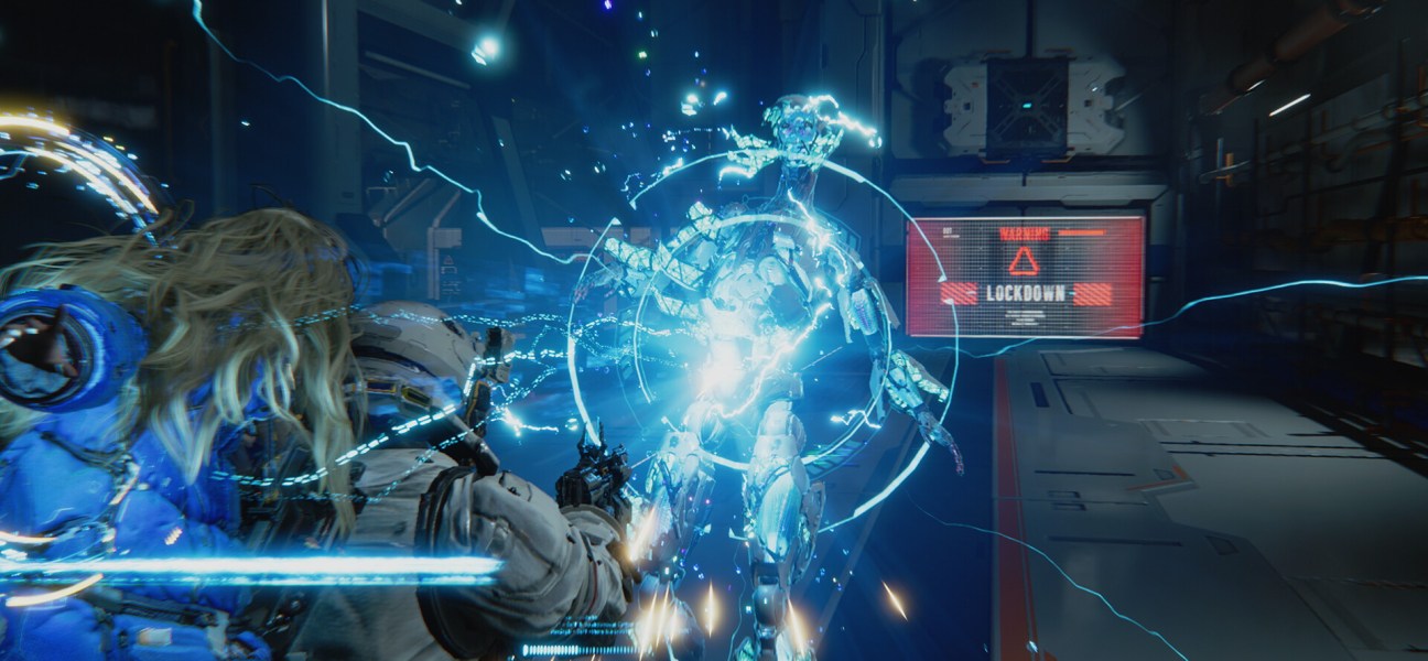 Astronaut and android battling hostile AI in Pragmata's lunar station