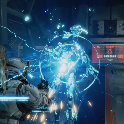 Astronaut and android battling hostile AI in Pragmata's lunar station