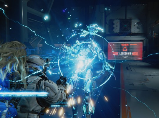 Astronaut and android battling hostile AI in Pragmata's lunar station