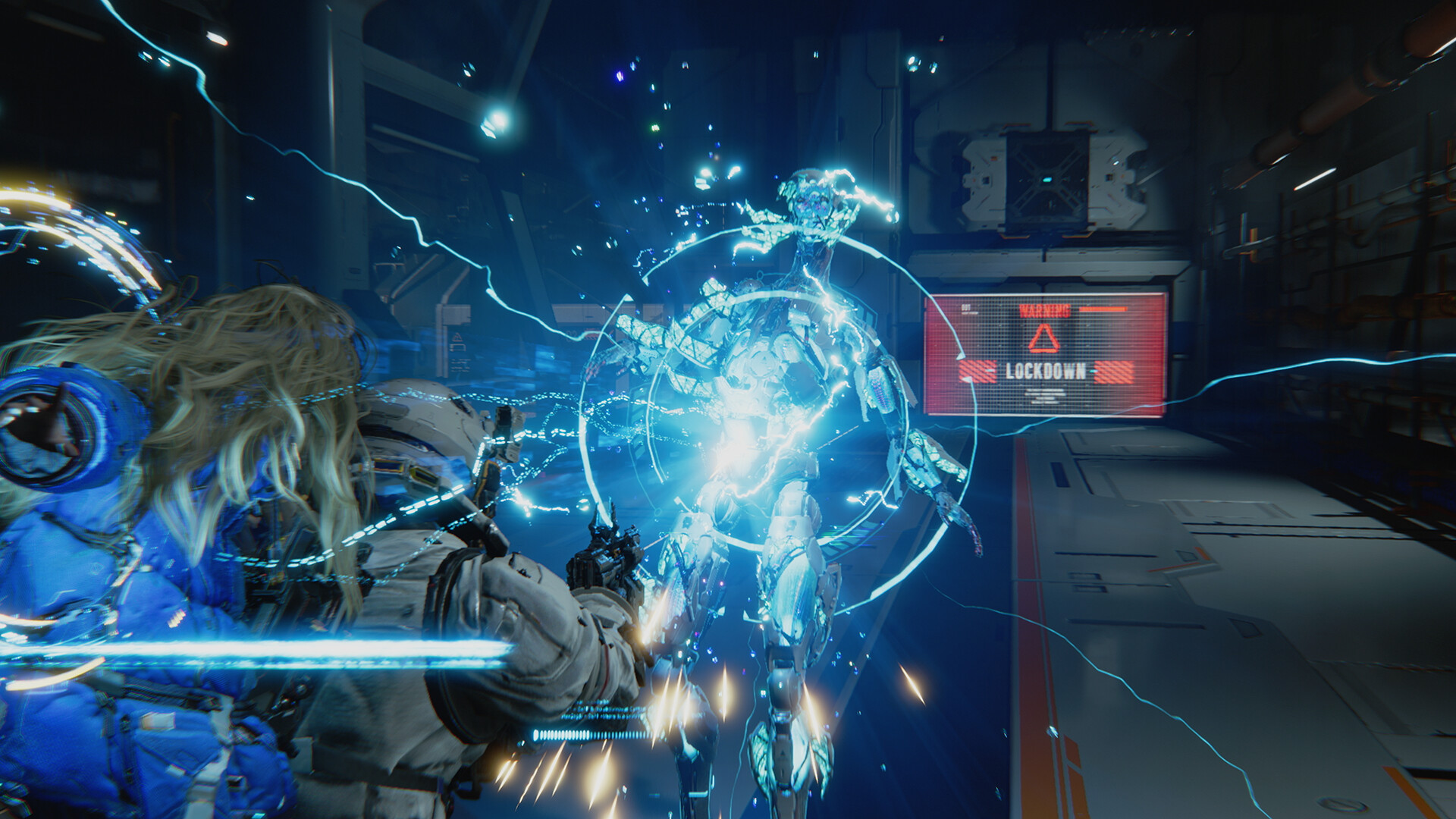 Astronaut and android battling hostile AI in Pragmata's lunar station