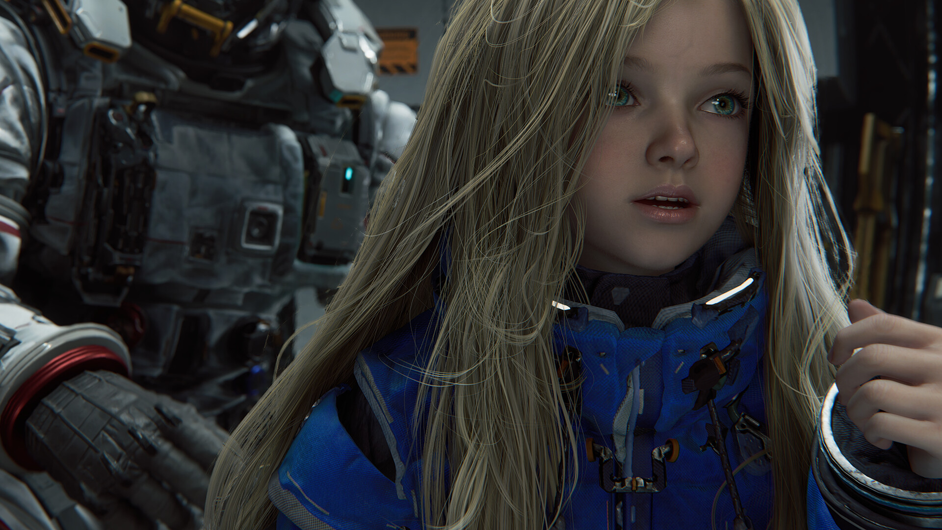 Close-up of a young girl in a blue jacket with an astronaut in the background in Pragmata.