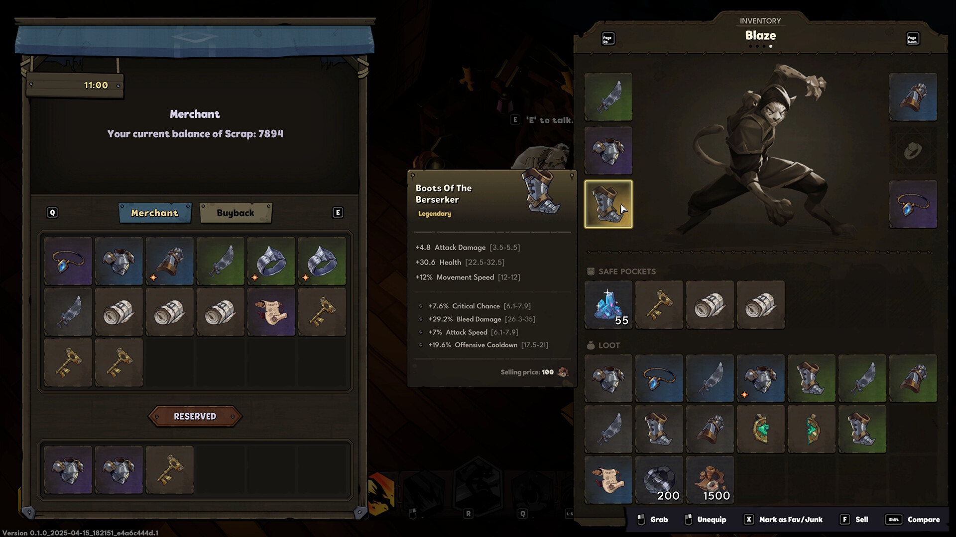 Inventory screen showcasing gear and merchant options in Raiders of Blackveil