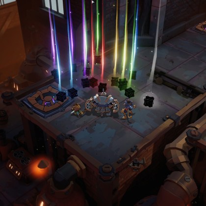 Colorful beams of light illuminate a rooftop scene in Raiders of Blackveil.