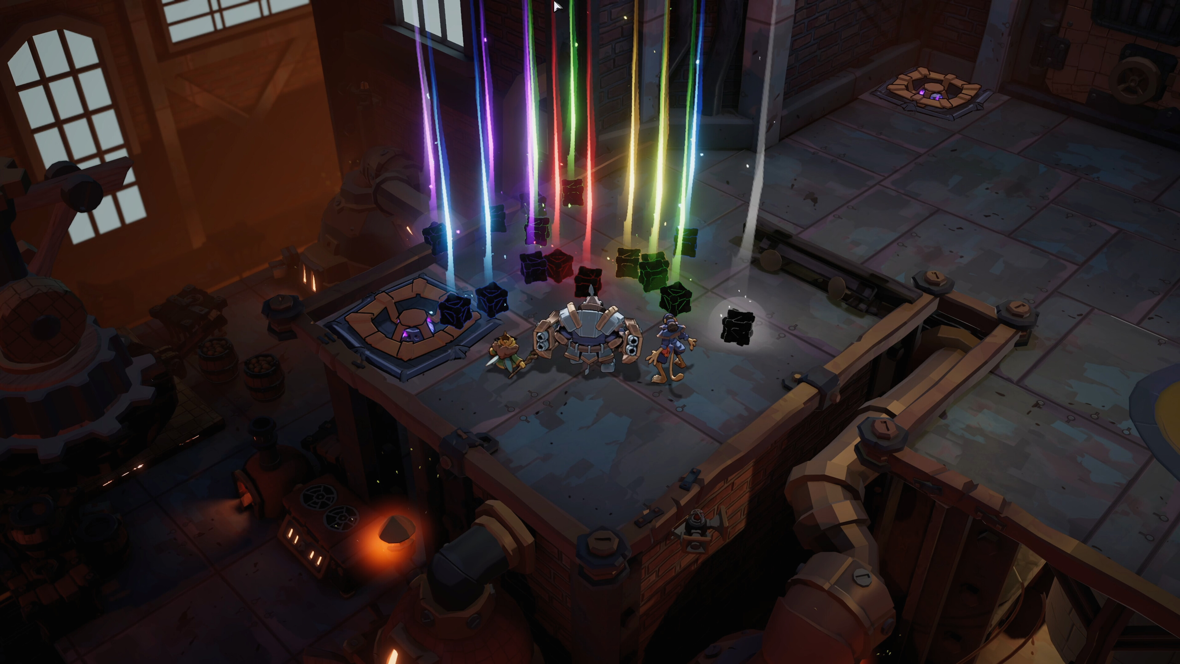 Colorful beams of light illuminate a rooftop scene in Raiders of Blackveil.