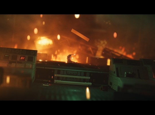 Cinematic scene from Replaced showcasing a dystopian environment with fiery backdrop.
