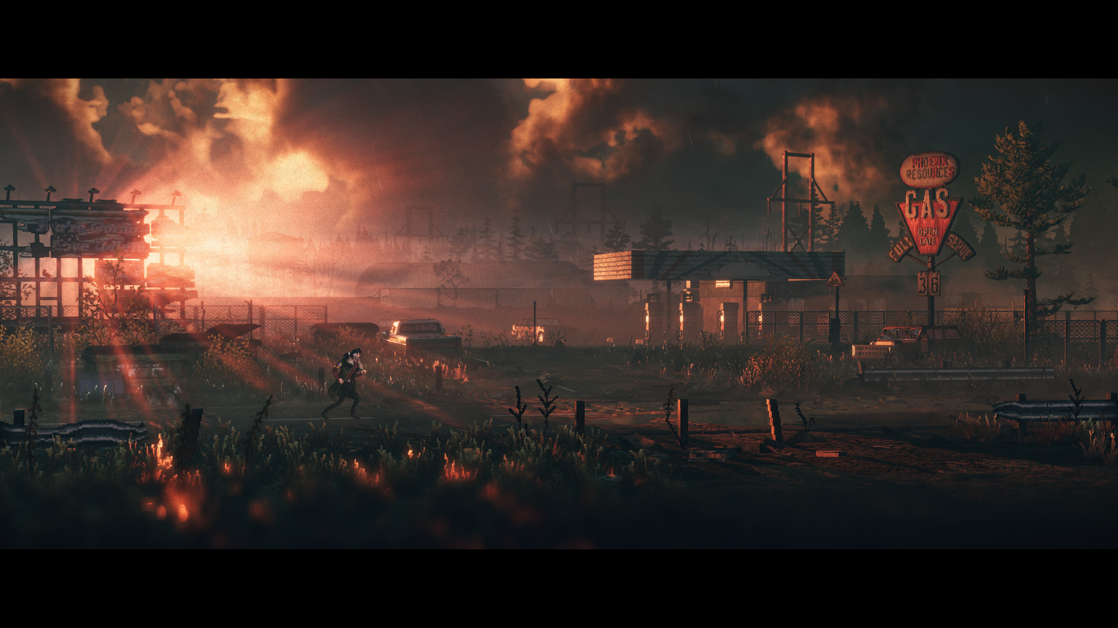 Dystopian landscape in Replaced, showcasing a gas station under a dramatic sunset.