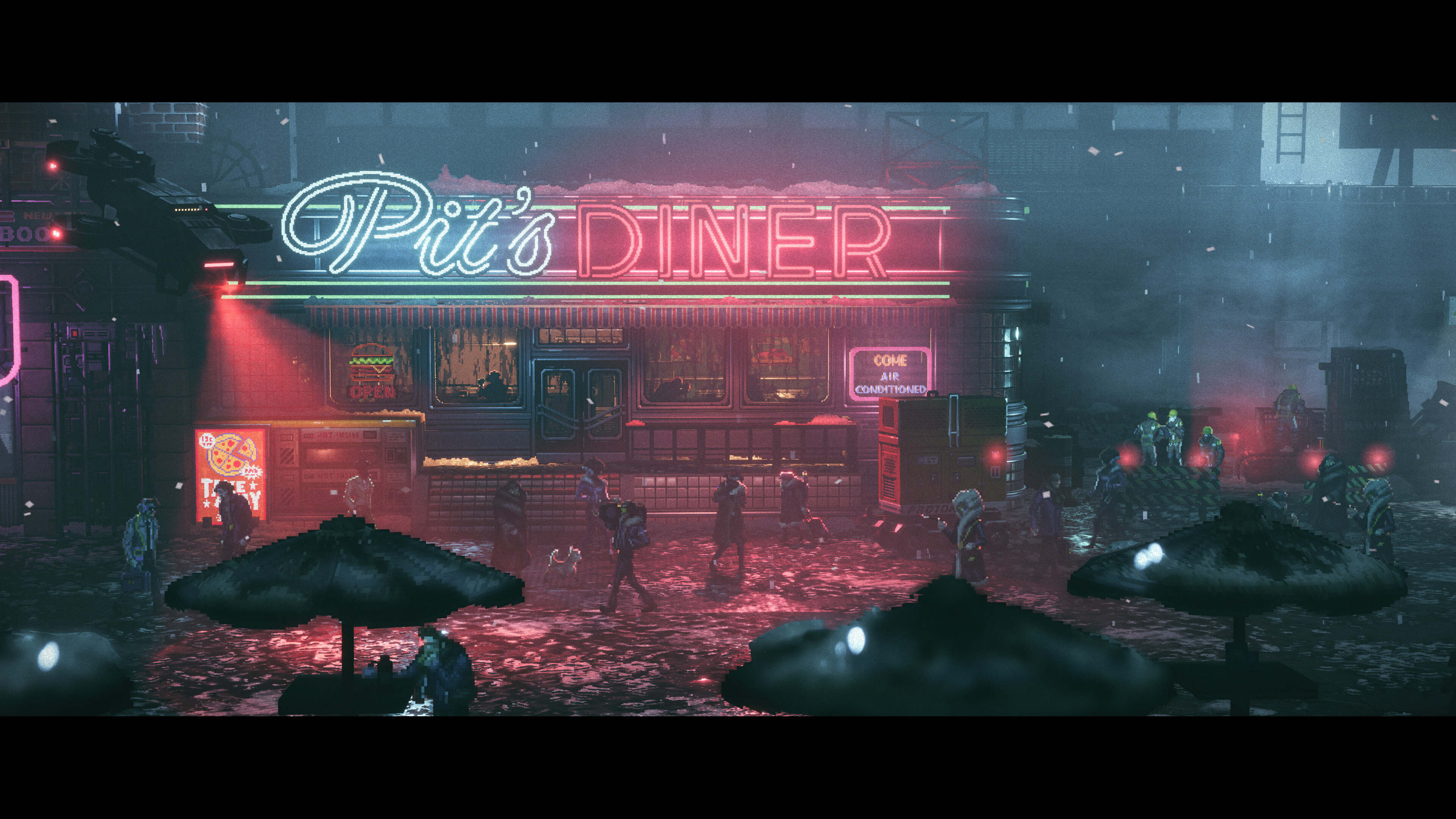 Neon-lit diner in a dystopian 1980s cyberpunk setting from Replaced game.