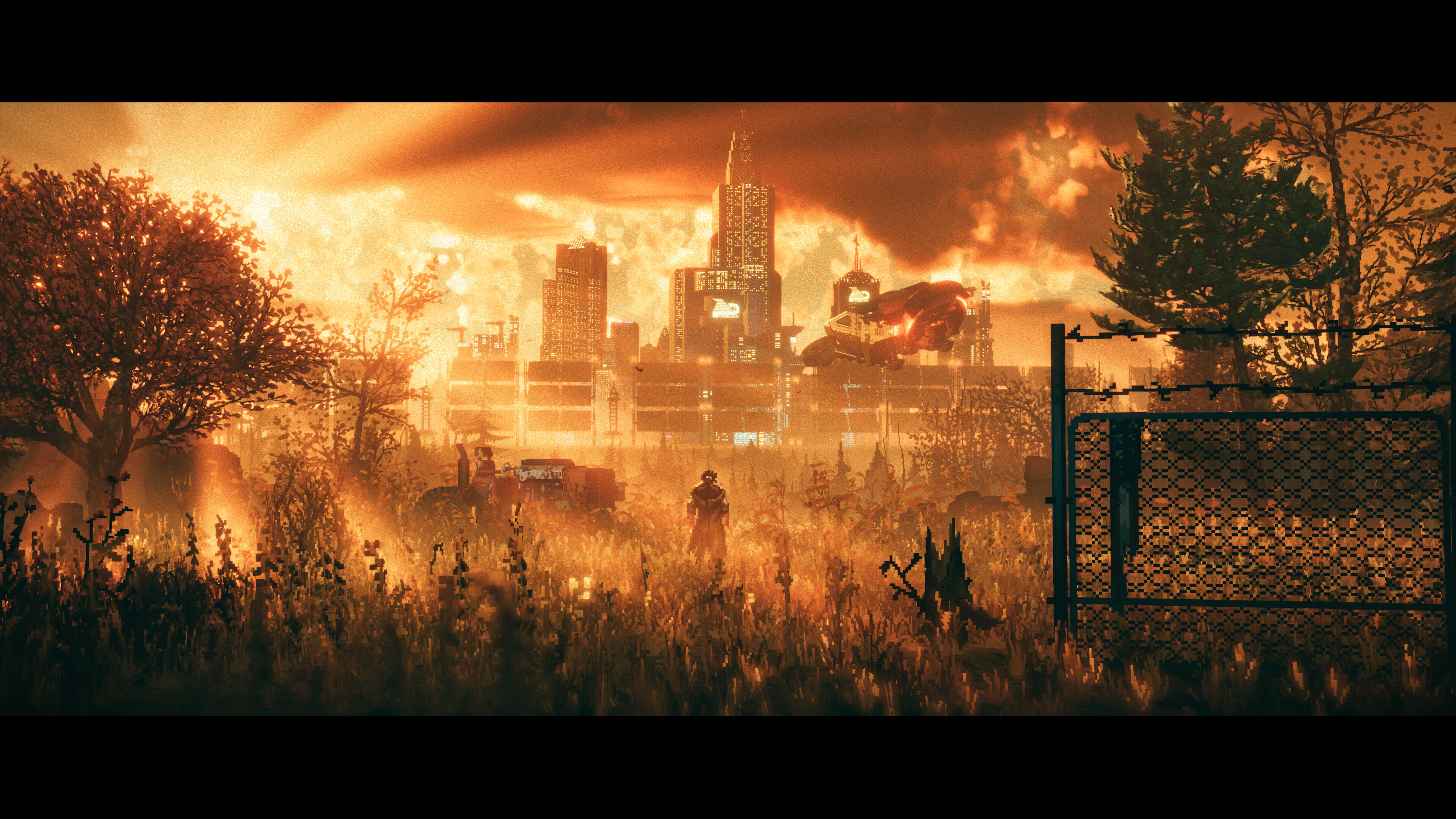 Dystopian landscape in Replaced, showcasing a ruined city under a dramatic sunset.