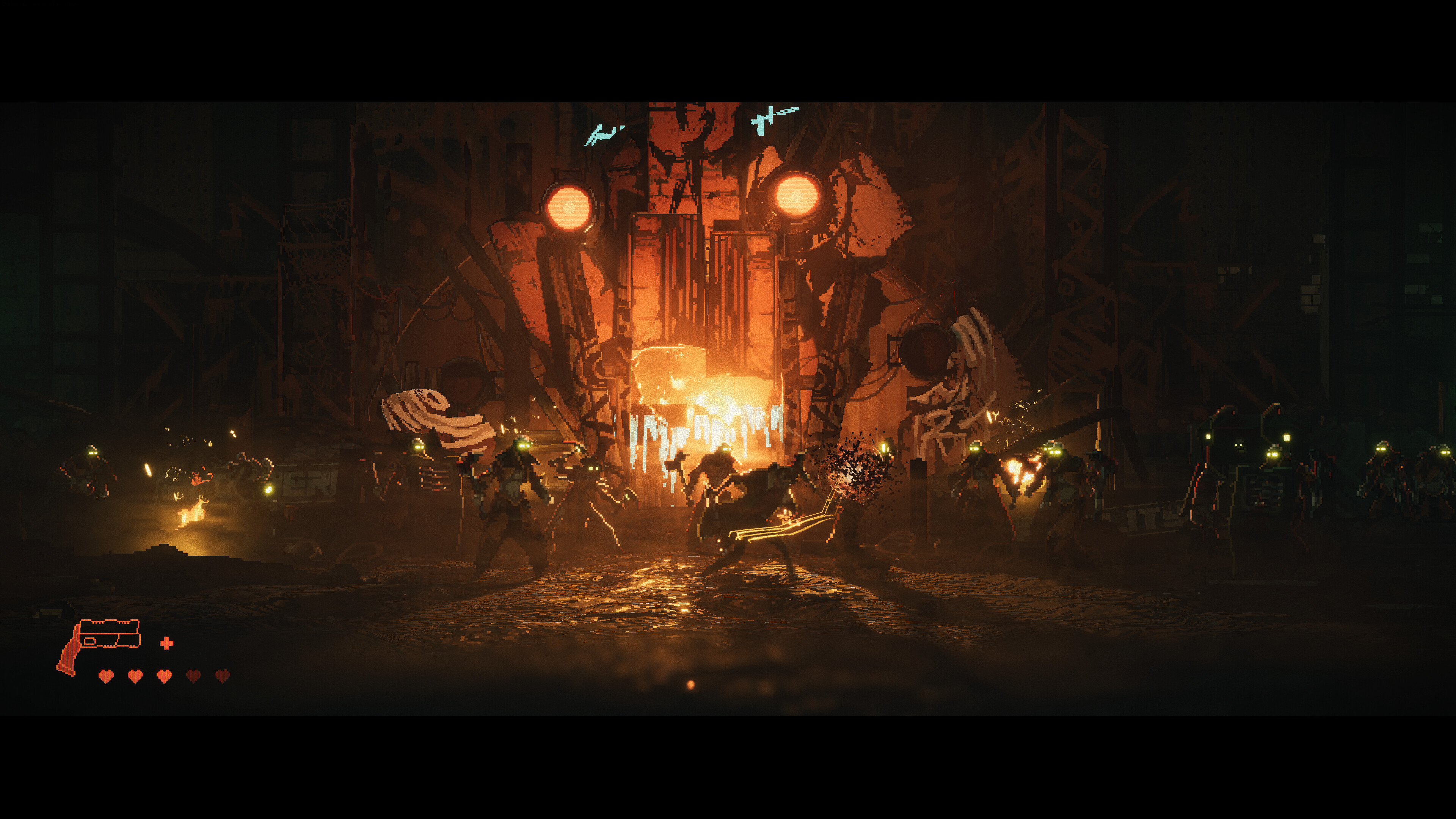 Intense action scene from Replaced showcasing pixel-art visuals in a dystopian setting