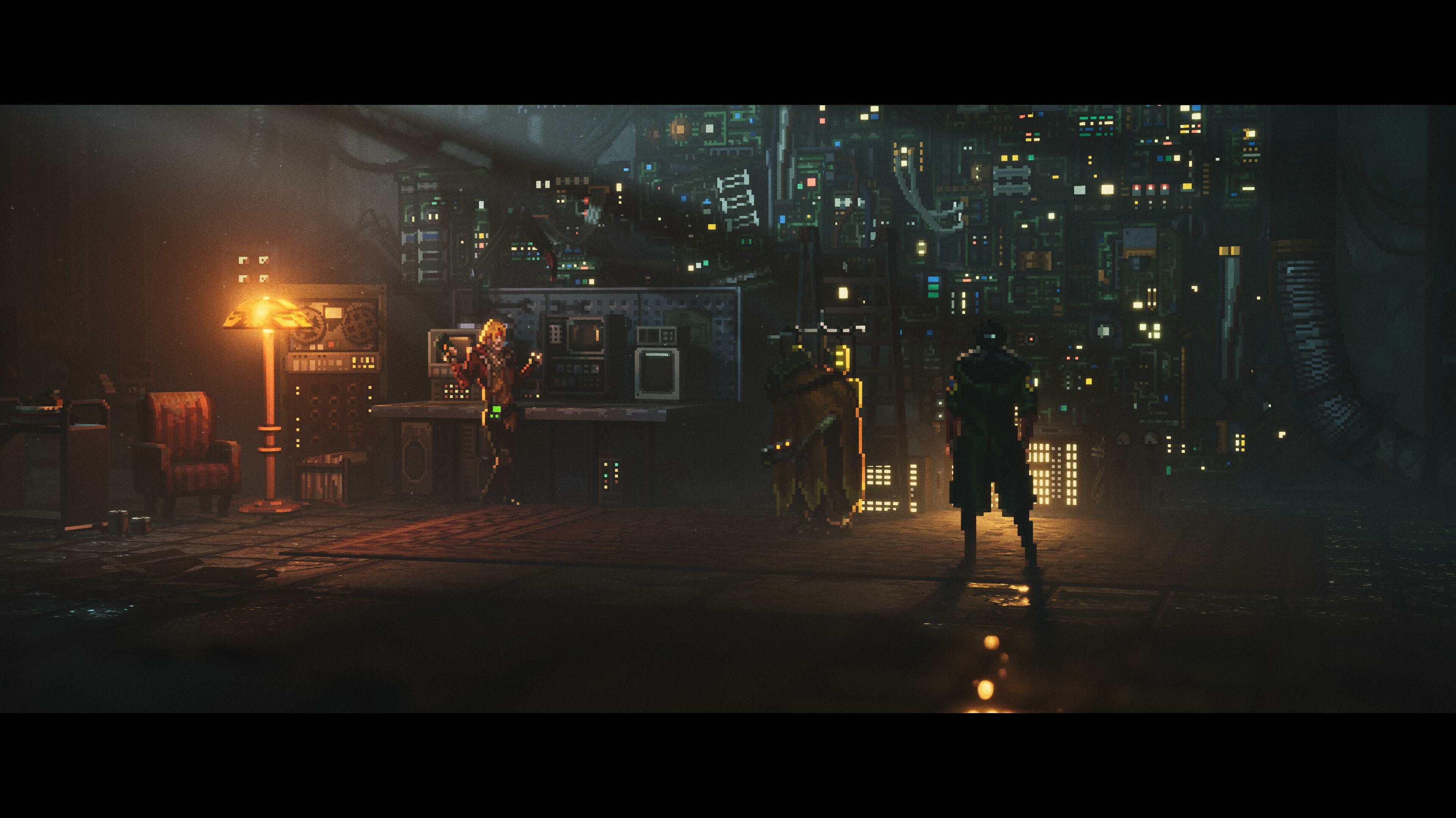 Dystopian scene from Replaced showcasing characters in a cyberpunk environment