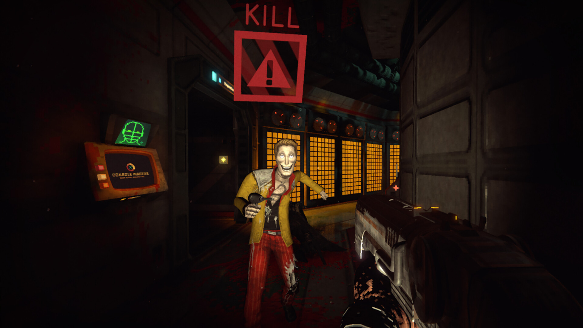 Intense gameplay scene from RetroSpace featuring a janitor facing a threat in a space station.