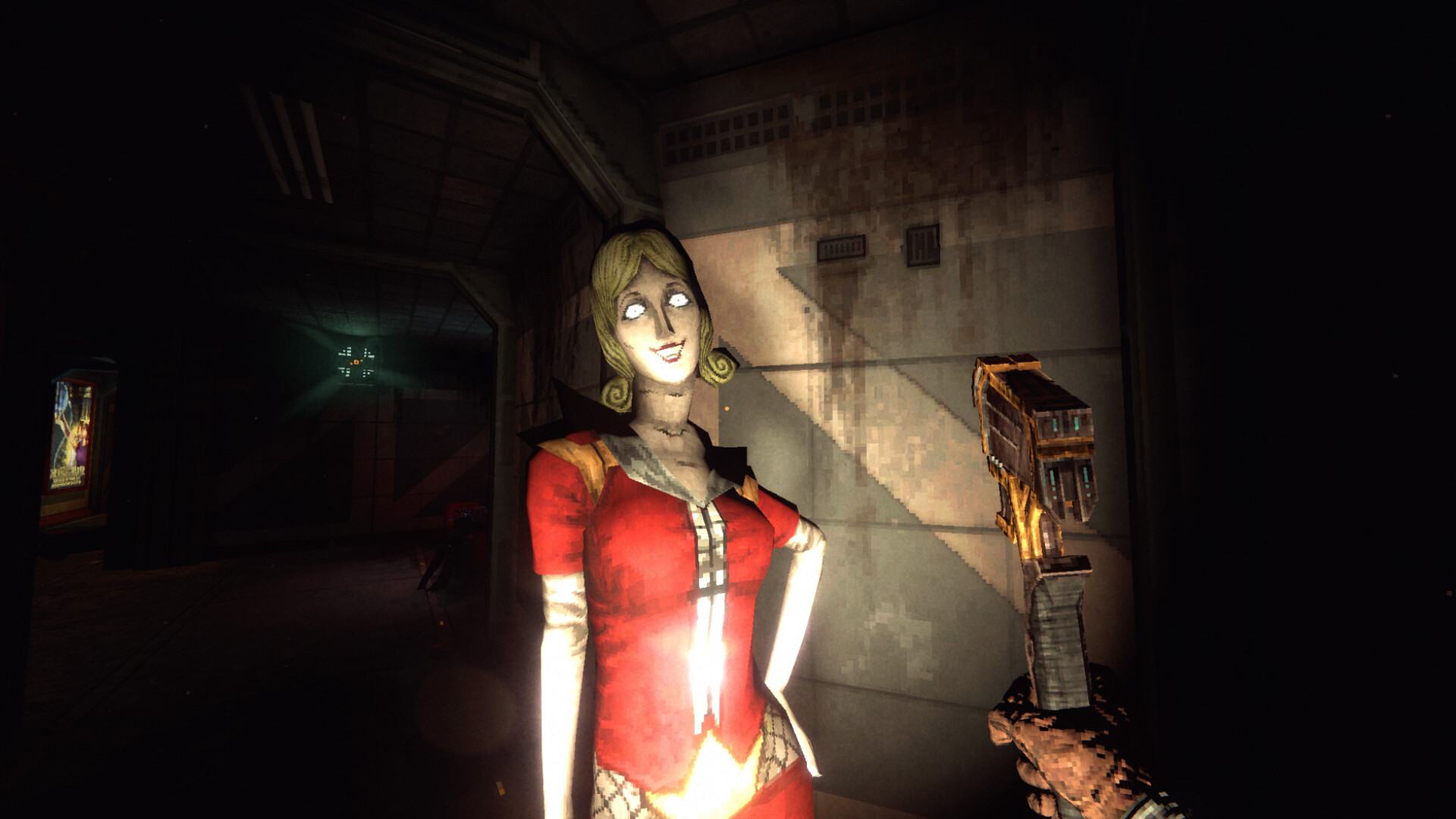 Creepy character in RetroSpace's dark space station setting