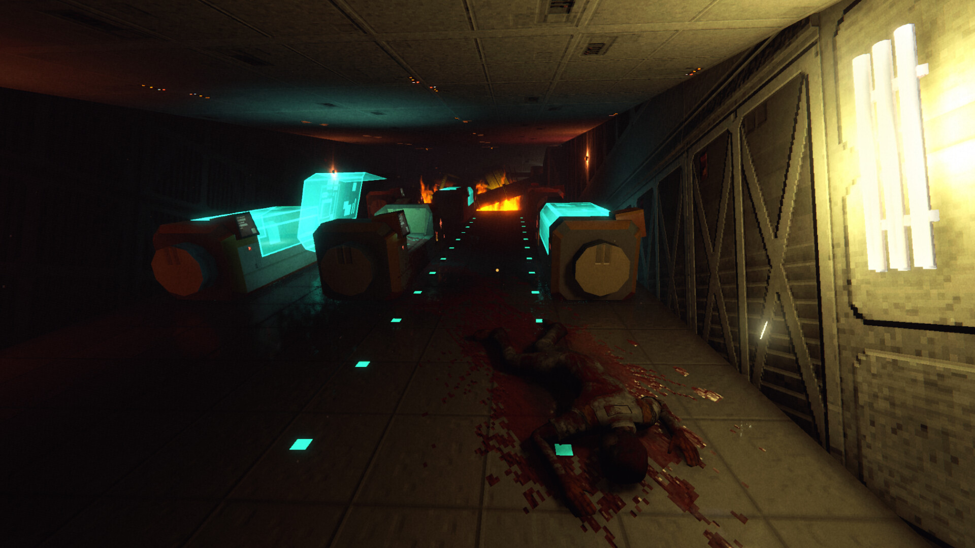 Dark corridor scene from RetroSpace featuring eerie lighting and a fallen character.