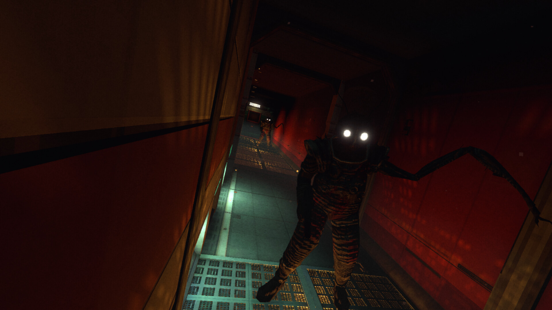 Terrifying encounter in RetroSpace with a menacing creature in a dimly lit corridor.