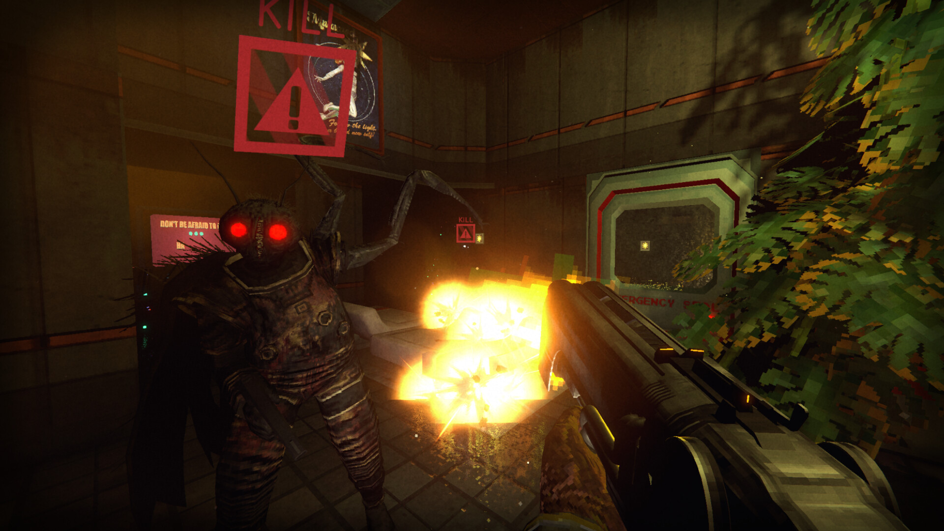 Intense gameplay scene from RetroSpace featuring a janitor battling a creature.