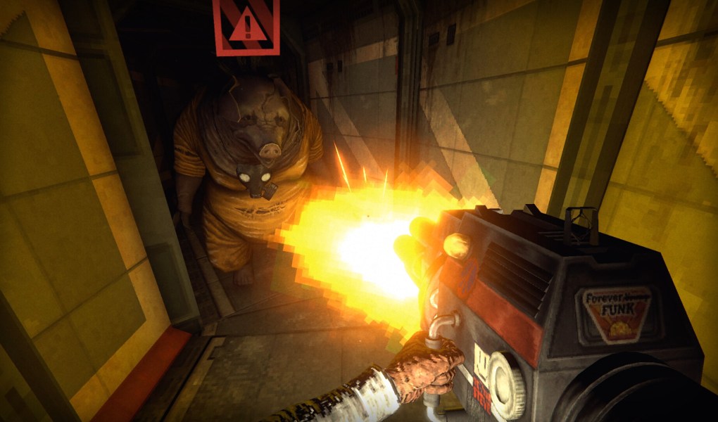 Intense gameplay moment in RetroSpace featuring a janitor battling a monstrous foe.