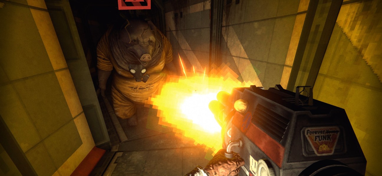Intense gameplay moment in RetroSpace featuring a janitor battling a monstrous foe.