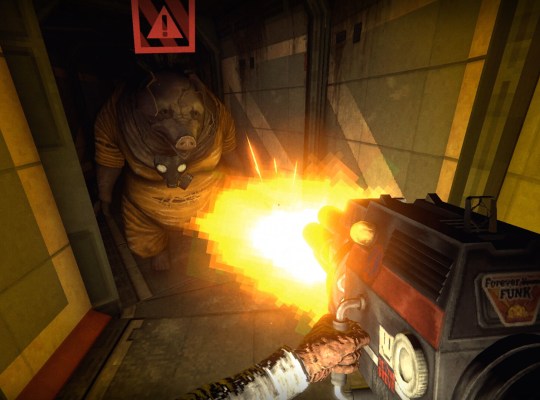 Intense gameplay moment in RetroSpace featuring a janitor battling a monstrous foe.