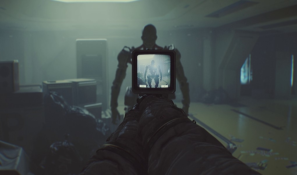 Player aiming at a menacing figure in ROUTINE's eerie lunar base setting
