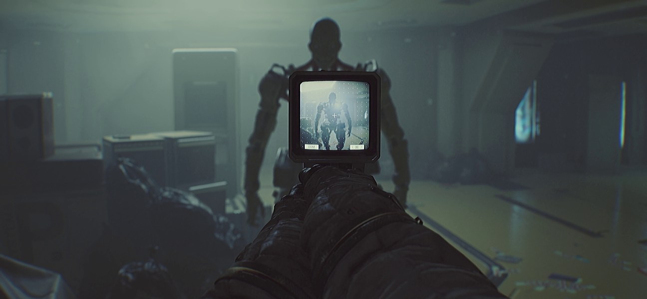 Player aiming at a menacing figure in ROUTINE's eerie lunar base setting