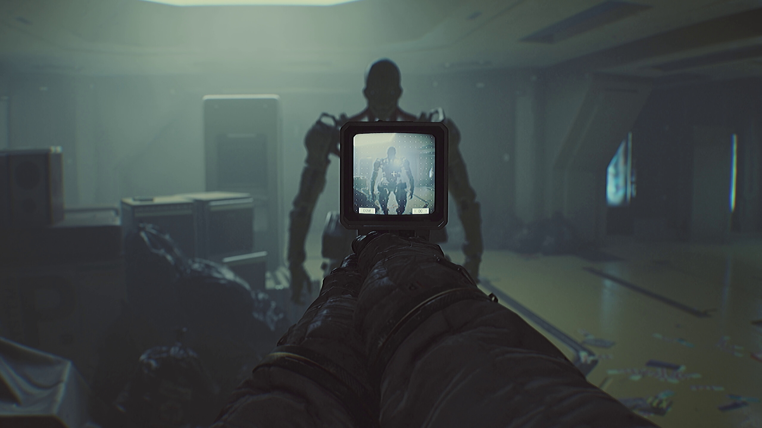 Player aiming at a menacing figure in ROUTINE's eerie lunar base setting
