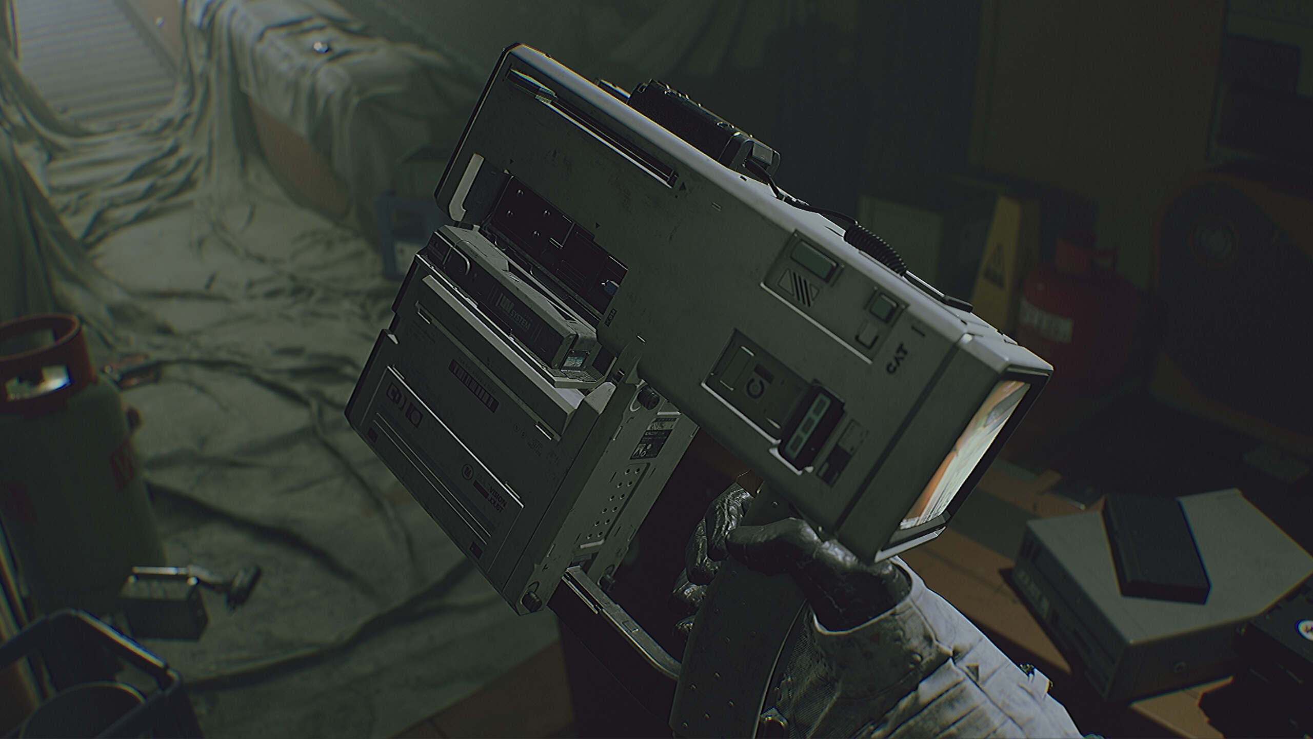 Close-up of a futuristic device in a sci-fi horror setting
