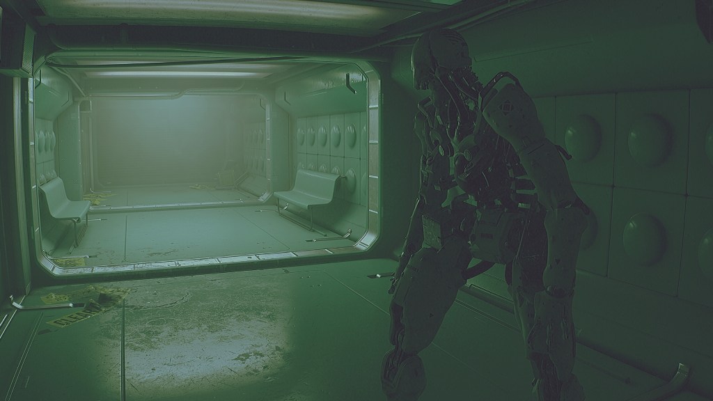 A robotic figure in a dimly lit corridor of an abandoned lunar base.