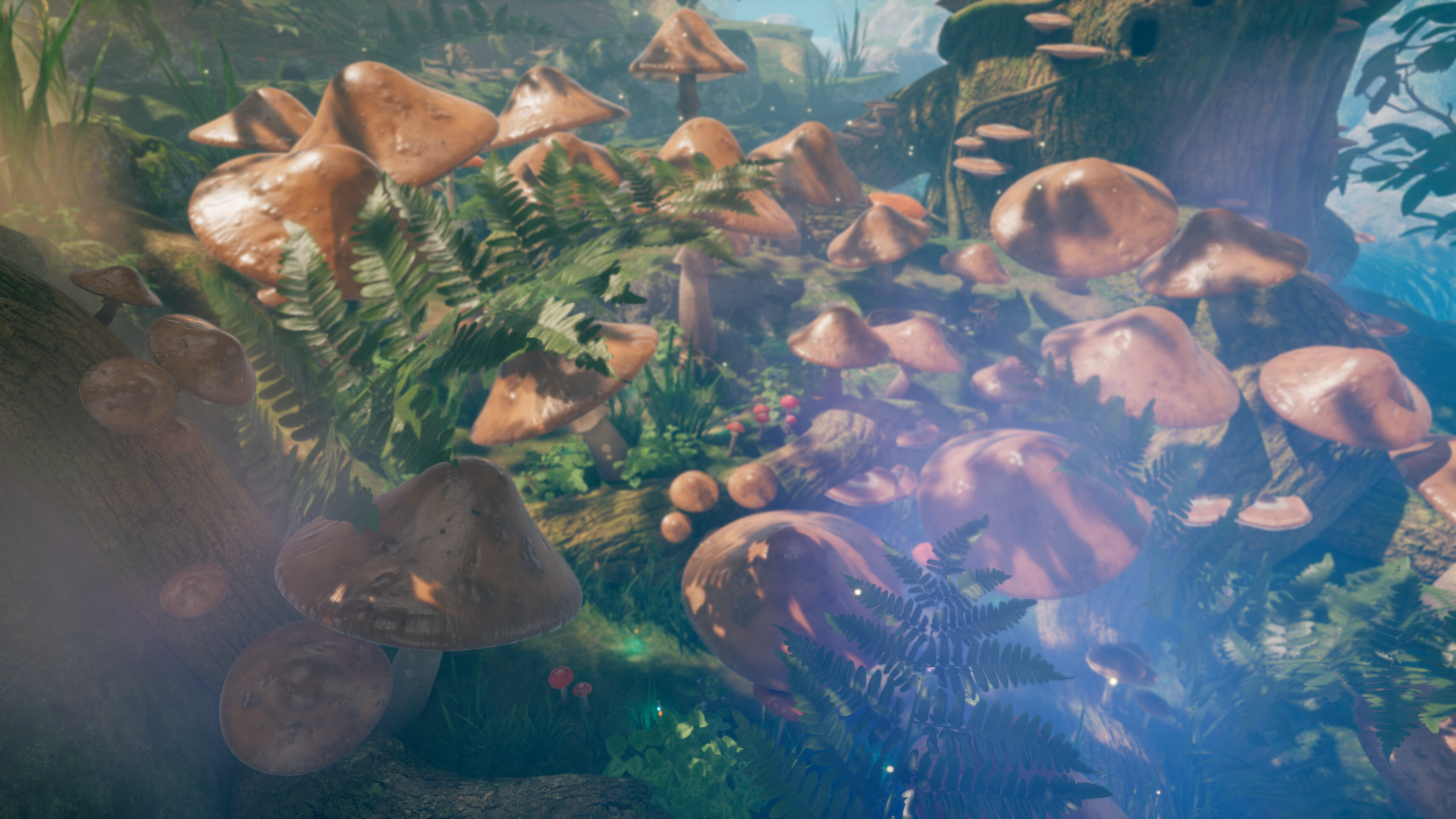 Vibrant forest scene with oversized mushrooms in Smalland: Survive the Wilds