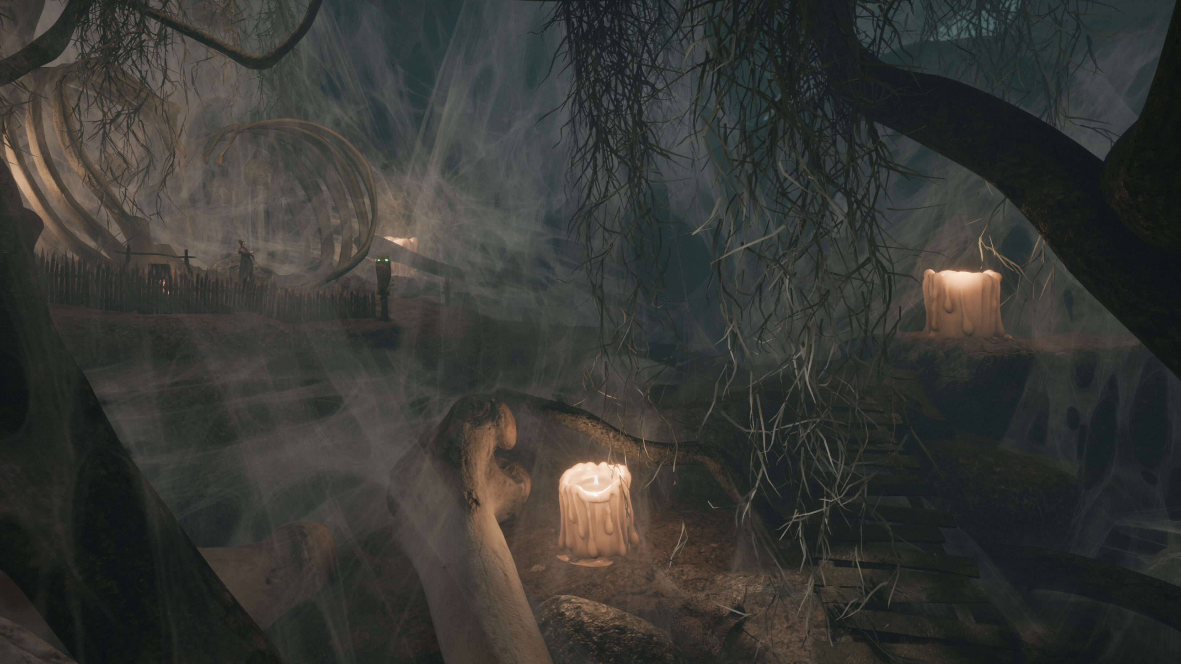 Eerie scene in Smalland: Survive the Wilds with candles and spider webs.