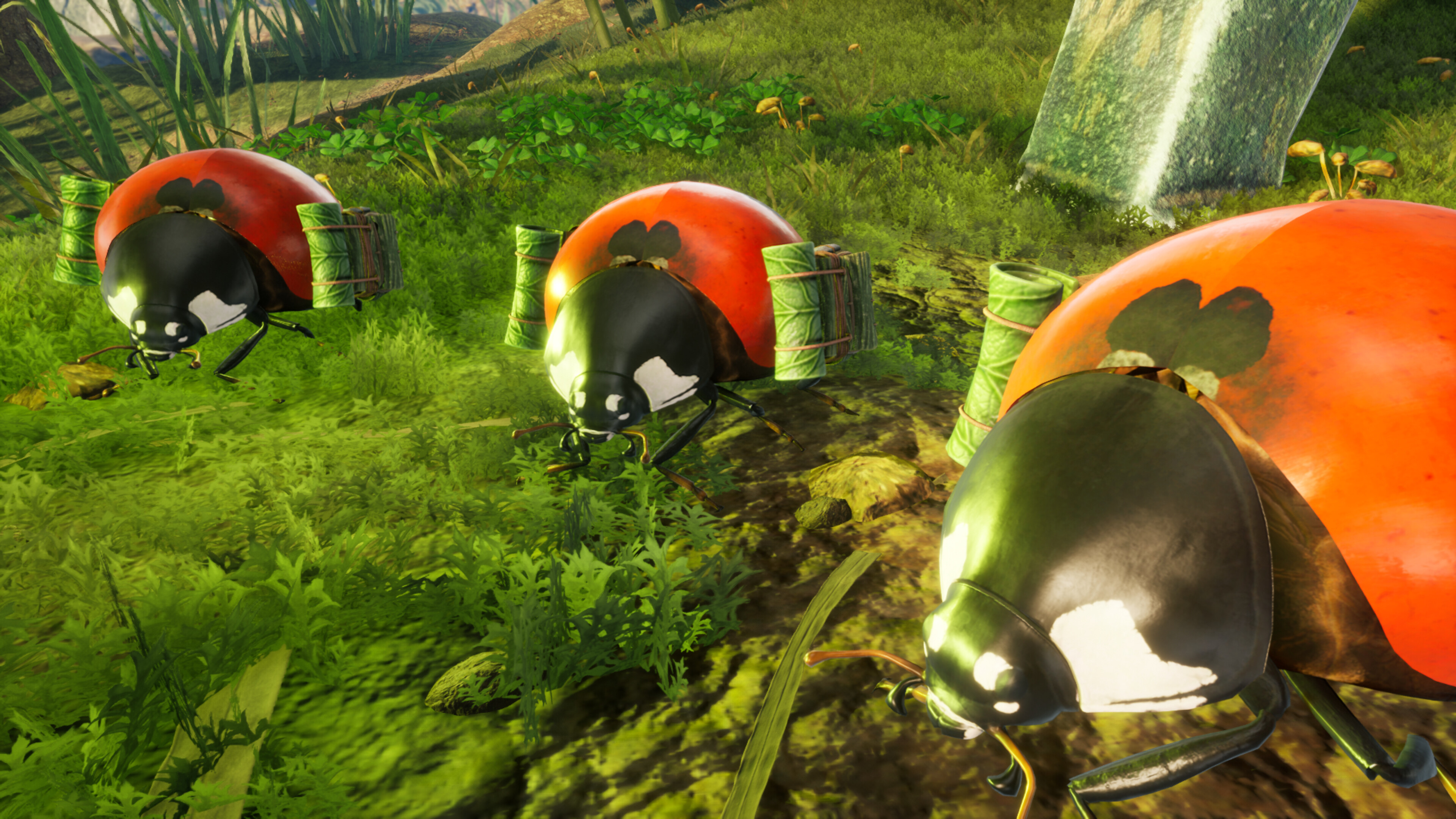 Colorful ladybug-like creatures in Smalland: Survive the Wilds' lush environment