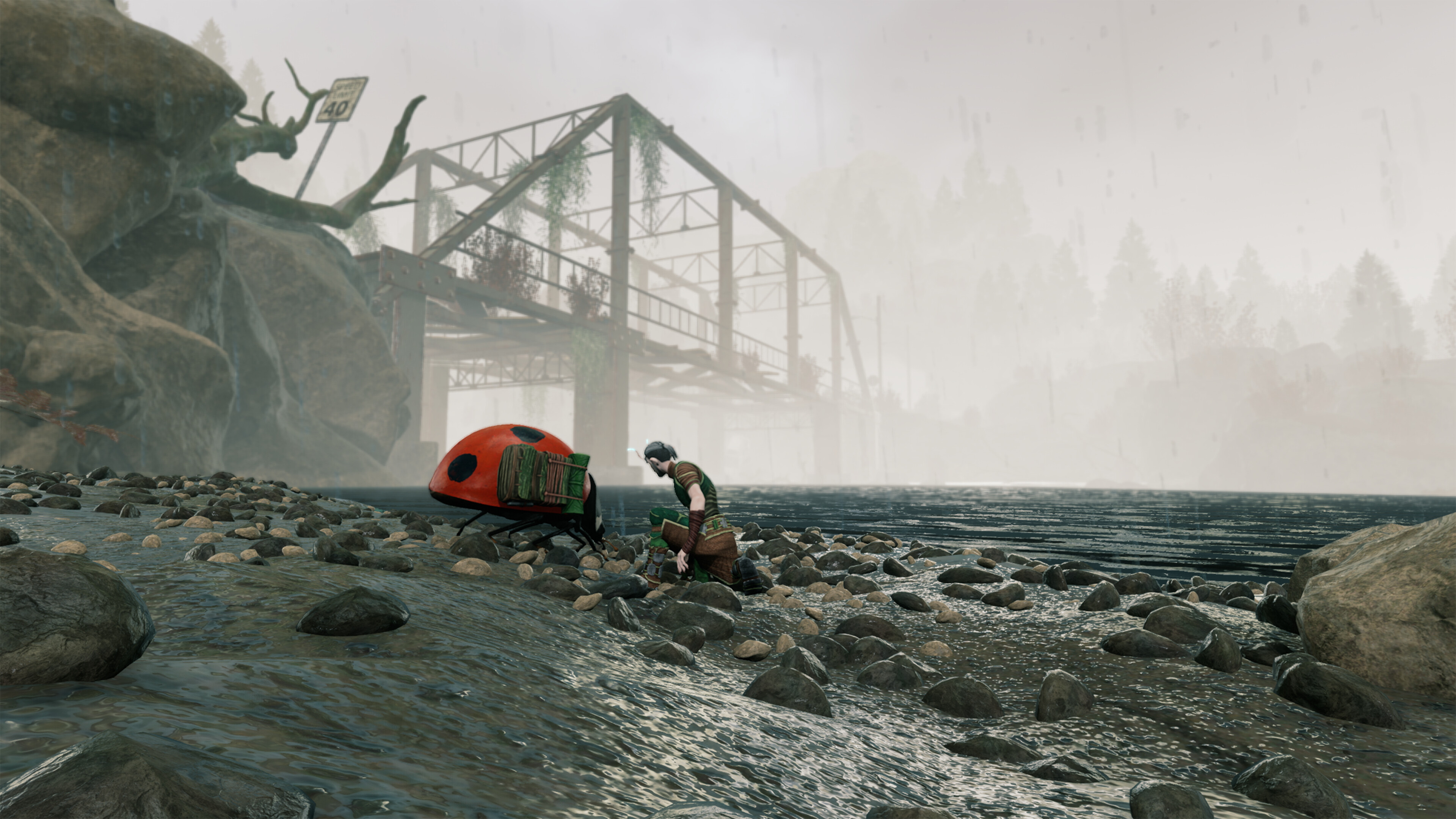 Smalland: Survive the Wilds character exploring a riverbank in a misty environment