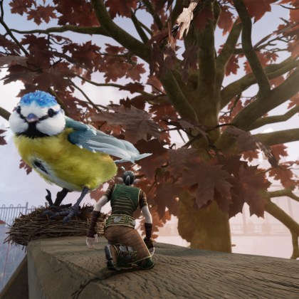 A smallfolk character interacts with a giant bluebird in Smalland: Survive the Wilds.