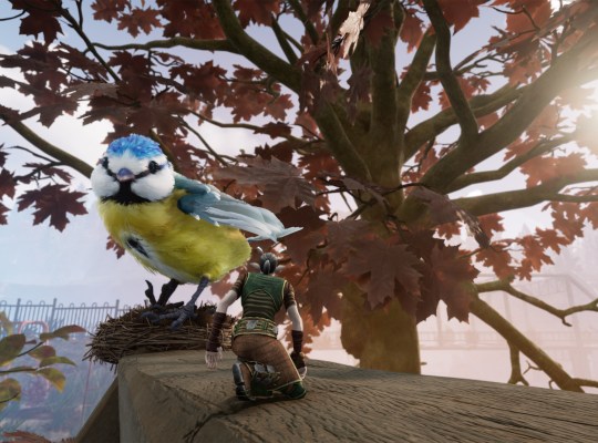 A smallfolk character interacts with a giant bluebird in Smalland: Survive the Wilds.